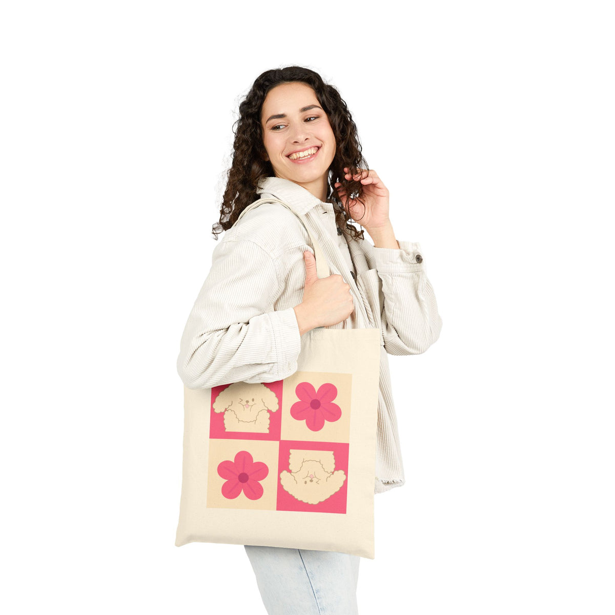 Cute Puppy & Flower Canvas Tote Bag — Retro Pink Floral Dog Shopper