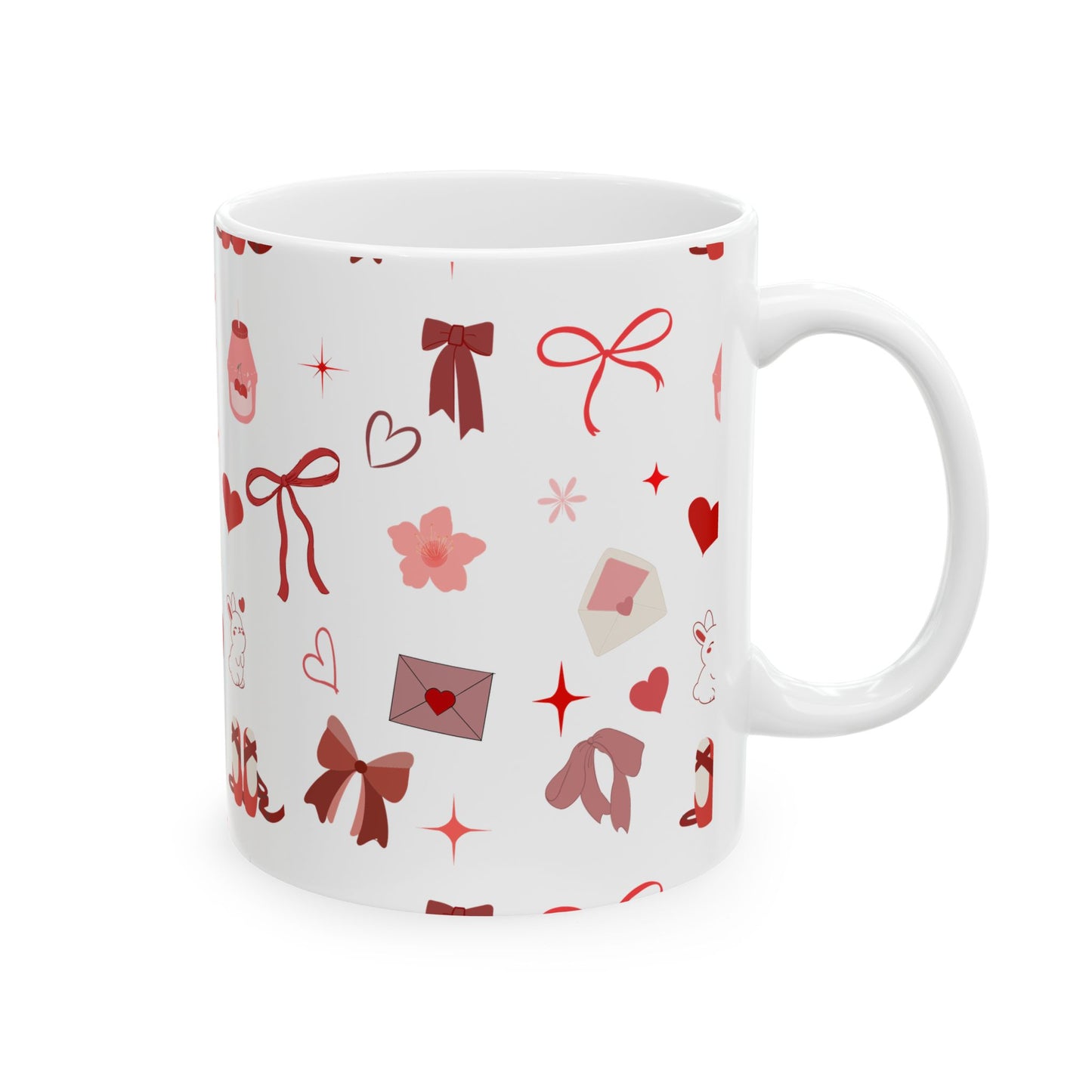 Valentine’s Day Pattern Mug — Cute Hearts, Bows & Love Notes Ceramic Coffee Cup (11oz/15oz)