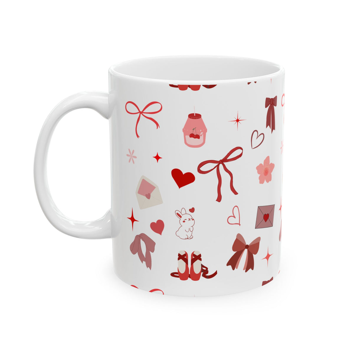 Valentine’s Day Pattern Mug — Cute Hearts, Bows & Love Notes Ceramic Coffee Cup (11oz/15oz)
