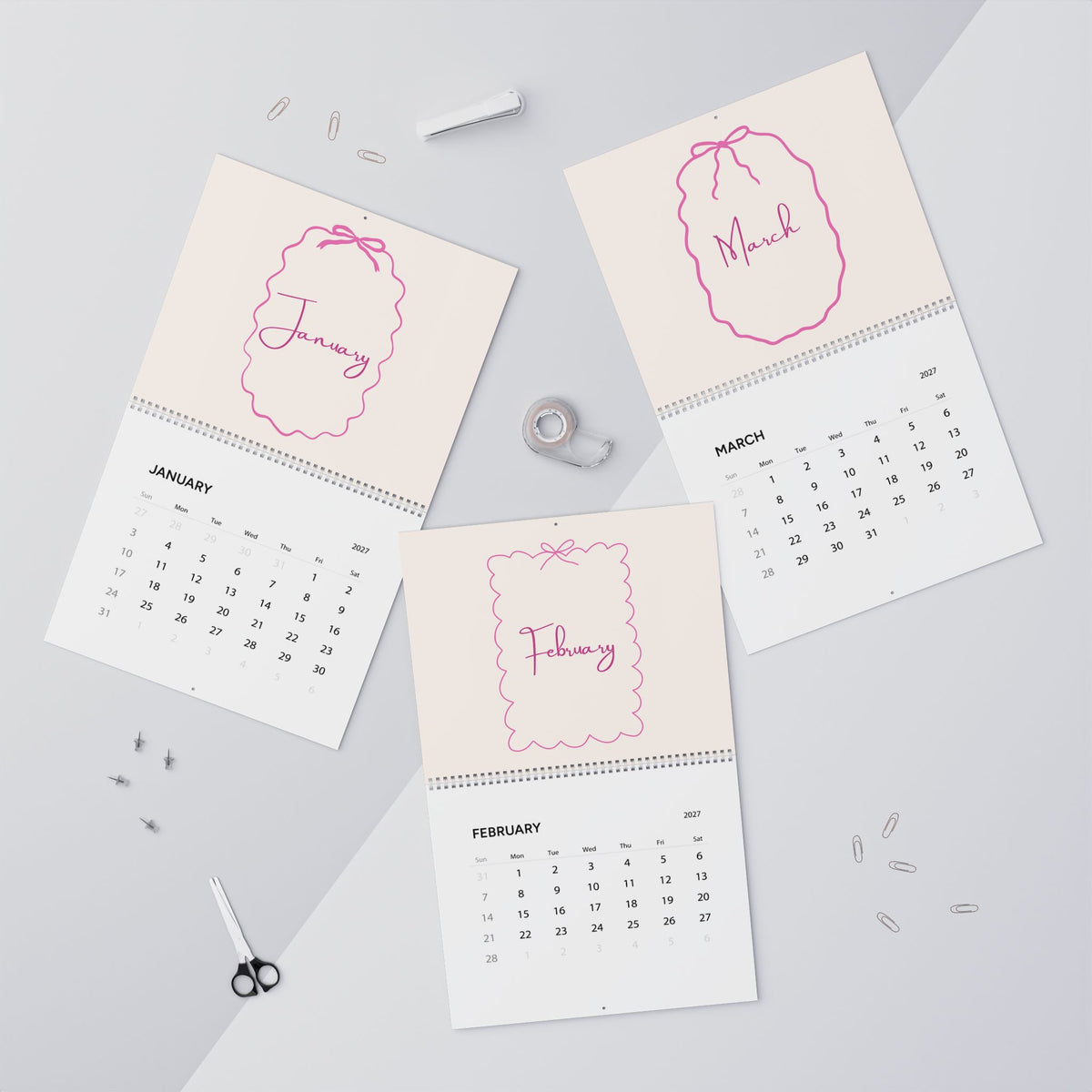 2027 Pink Script Wall Calendar — Elegant Monthly Planner with Handwritten Month Names