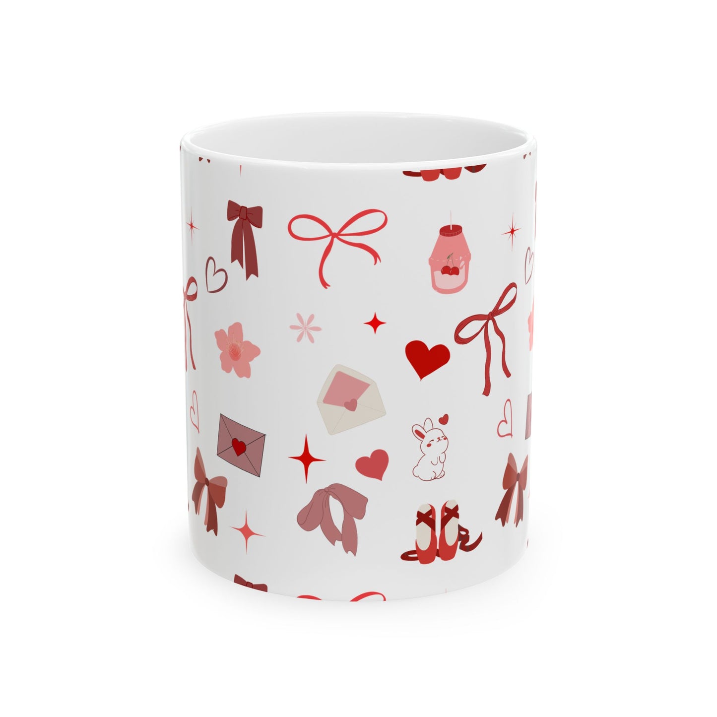 Valentine’s Day Pattern Mug — Cute Hearts, Bows & Love Notes Ceramic Coffee Cup (11oz/15oz)